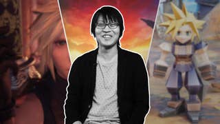 A black and white image of Naoki Hamaguchi over a three-way split image of Cloud in his 3DBrawler form, Cloud holding a Queen's Blood Card, and key art of the game.