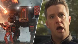 Some players battling next a mech in Helldivers 2 alongside the guy from the game's intro.