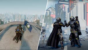 Some Helldivers in Helldivers 2 congratulating each other, opposit a Helldivers 2 player surfing on a leviathan.