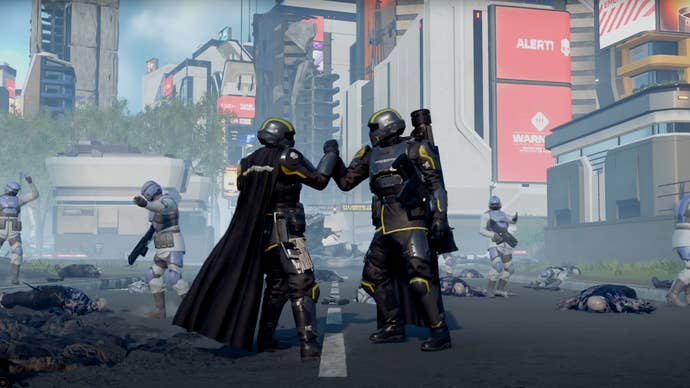 Two Helldivers shaking hands on Super Earth on Helldivers 2.