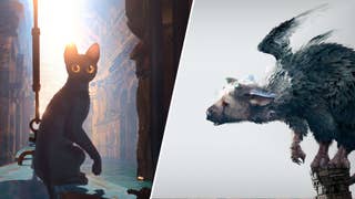 The cat from Flow, haloed by a sunbeam, sits looking to camera on the left. The Last Guardian's titular creature looks curious and timid on the right.
