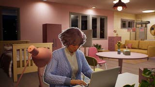 A female Zoi with pink-and-blue pastel theming sits in her pink-and-yellow pastel apartment and types on her laptop.