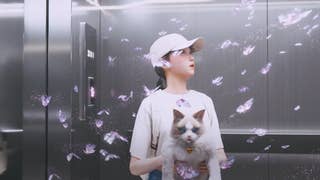 In a still from inZOI's opening cutscene, a young female character in baseball cap and t-shirt holds a befuddled-looking ragdoll cat as they ride an elevator with pink sparkling butterflies swirling around them.