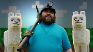 Jack Black as Steve in A Minecraft Movie alongside some Llamas.