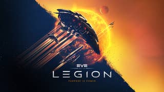Key art for Eve Online Legion expansion, with a black and gold aesthetic, two ships in the middle, and what looks like a burning sun in the background.