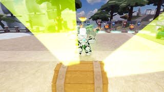 A player character in the Roblox game, Lootify, opening a glowing treasure chest.
