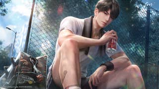 Caleb from Love and Deepspace relaxes against a chain-link fence, drinking an off-brand cola from a can. Evidently having just completed a workout, he's wearing a white t-shirt and shorts, with a towel wrapped around his neck and a backpack nearby. He is visibly sweating and has a sticking plaster presumably covering a minor injury on his leg.