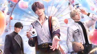 Love and Deepspace's original three love interests - from left to right, Zayne, Rafayel, and Xavier - pose in front of a bright carnival scene. Rafayel holds a camera in one hand and extends the other towards the viewer. Xavier holds a plushie and wears bunny ears. Zayne is in a dark suit and looks disinterested in the scene.
