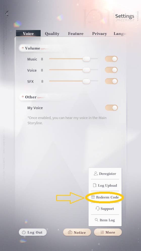 A deep submenu of Love and Deepspace, with the redeem code option higlighted.