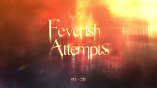 Love and Deepspace banner key art featuring what appears to be a hot and damp abstract image composed of yellows and reds, with a possibly human shape blurred in the background. Text reads: "Feverish Attempts 05/29"
