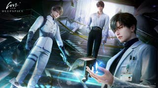 The original Love and Deepspace trio stand in a dark underground stairway with a bright light at the top and police tape across it. Xavier wears his Hunter uniform and wields his blade, Rafayel is dressed casually and stands with a hand on his hip, and Zayne wears his lab coat and hospital ID while wielding his ice power.