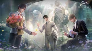 Love and Deepspace's original trio of love interests — from left to right, Rafayel, Zayne, and Xavier — in what appears to be a ruined church with an angel statue behind them. Rafayel holds a bouquet of vivid pink-orange flowers, Zayne gently holds a white butterfly as a yellow one hovers nearby, and Xavier constructs a wreath of bluish-purple flowers.