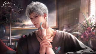 Sylus from Love and Deepspace stands in an office room holding the hand of (presumably) the viewer, who is trying to apply a cutesy blue sticking plaster to his face; he's already wearing several in blue, pink, and yellow across his face and body.