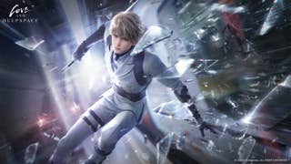 Xavier in motion in his Deepspace Hunter uniform, backlit by a powerful white light. (Love and Deepspace)
