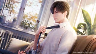 Love and Deepspace character key art: Zayne sits on a sofa and loosens his tie.
