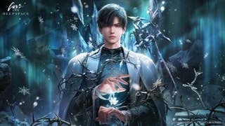 Zayne (in his high fantasy attired Farseer alternate persona) is outlined by a blue aurora and surrounded by dark thorns as he creates an ice blossom between his hands in a piece of Love and Deepspace key art.