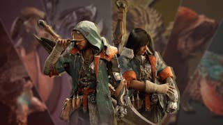 Two hunters from Monster Hunter Wilds stand in front of a starbust effect spread of monsters from the game