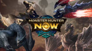 Monster Hunter Now logo with renders of Nargacuga, Tigrex, Fatalis, and more.