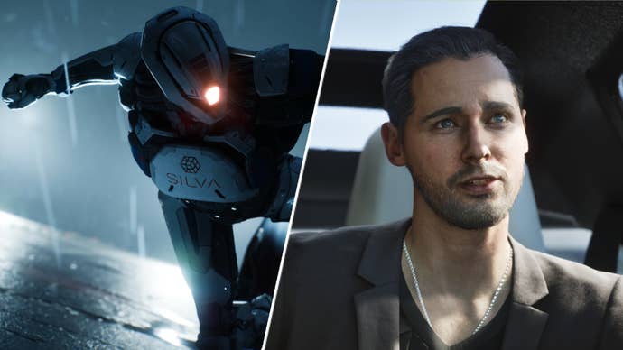 A guy in a suit opposite a killer AI robot in Mindseye.