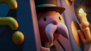 The Monopoly mascot opening a door and peeking through it, in the trailer for the first Adventure Club event.