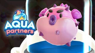 The logo for the Monopoly Go Aqua Partners event, and a balloon fish-shaped token players can earn as a reward.