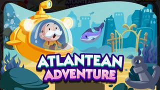 Monopoly Go artwork for the Atlantean Adventure event, showing the Monopoly mascot piloting a submarine underwater.