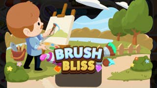 Artwork for the Monopoly Go Brush Bliss event showing a character painting a picture of a scenic view.