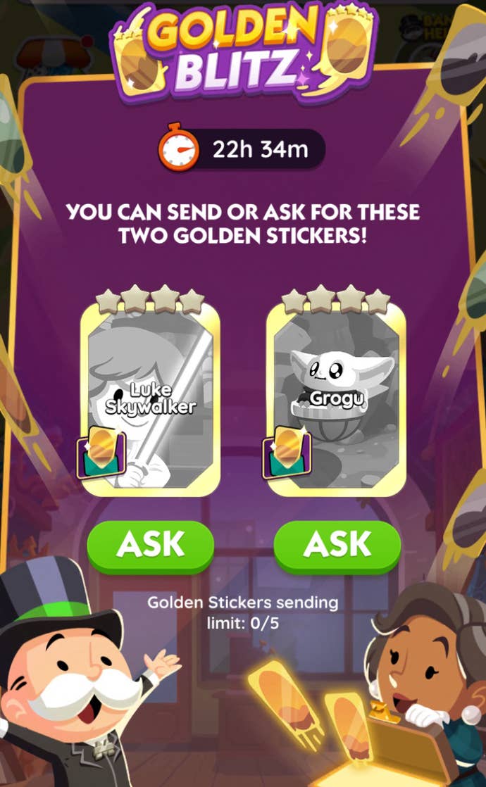 Monopoly Go menu screen showing the stickers that can be traded during the Golden Blitz event that launched on 22 May 2025.