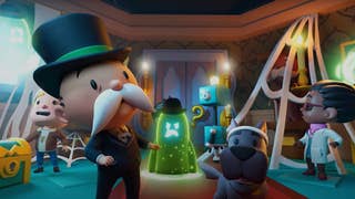 Monopoly characters, including the Monopoly mascot and his dog Scottie, in a mansion with a cute ghost appearing.