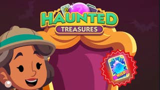 A Monopoly Go character looking at a wildcard sticker pick inside a bubble underneath a Haunted Treasures logo.