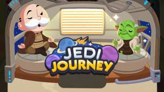 Monopoly Go artwork for the Jedi Journey event, showing the Monopoly mascot in a Jedi outfit next t Yoda.