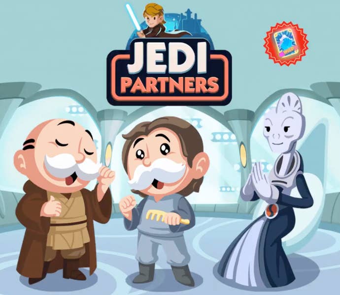 Artwork for the Monopoly Go Jedi Partners event, showing the Monopoly mascot dressed up as a Jedi Knight.