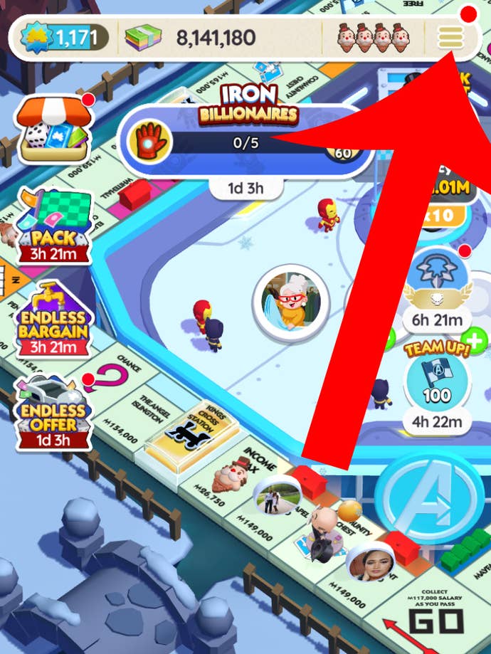 An arrow pointing at the menu button in Monopoly Go.