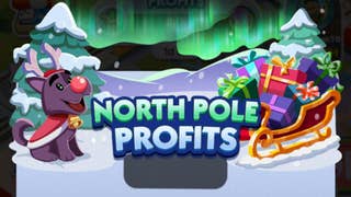 Artwork for the Monopoly Go North Pole Profits event, showing the Monopoly mascot's dog Scottie in a Christmas outfit next to a sleigh.