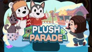 Artwork for the Monopoly Go Plush Parade event showing a character taking a picture of some cute, plushie-like creatures.