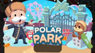 Artwork for the Monopoly Go Polar Park event showing the Monopoly mascot wearing warm winter clothes outside a park entrance.
