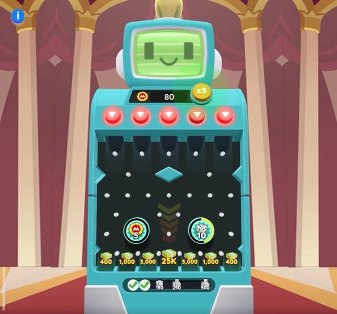 The Peg-E machine in Monopoly Go, which players drop coins into at the top that fall down and hit pins and bumpers before landing in a slot.