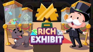 Artwork for the Monopoly Go Rich Exhibit event showing the Monopoly mascot standing in a gallery-style exhibition.