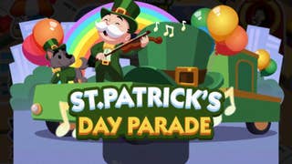 Artwork for the Monopoly Go St Patrick's Day Parade event, showing the Monopoly mascot dressed in a green outfit.