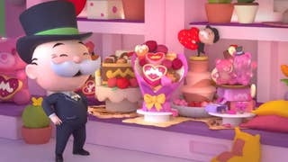 Monopoly Go artwork for the Sweet Partners event showing the Monopoly mascot standing next to lots of delicious cakes.
