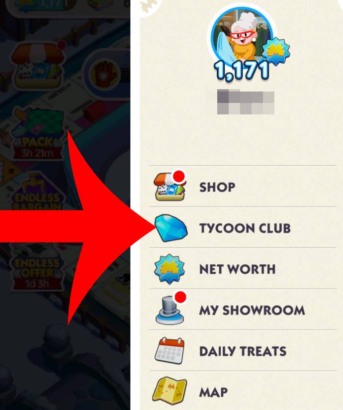 An arrow pointing at the button for the Tycoon Club in Monopoly Go.