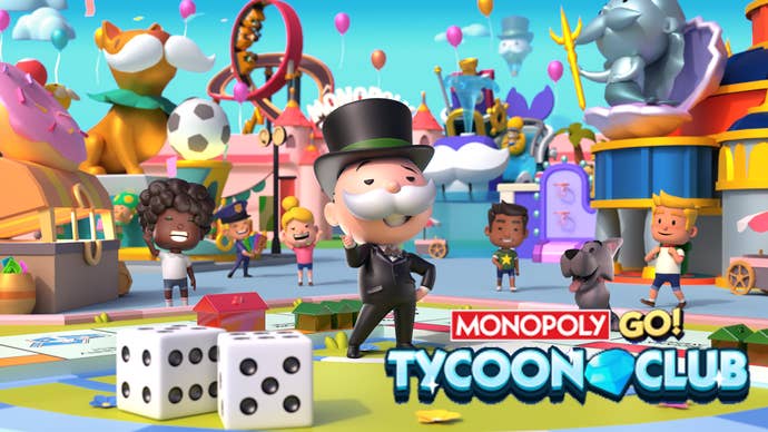 Monopoly Go artwork showing the Monopoly mascot on a board, with a pair of dice and the Tycoon Club logo.