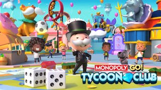 Monopoly Go artwork showing the Monopoly mascot on a board, with a pair of dice and the Tycoon Club logo.