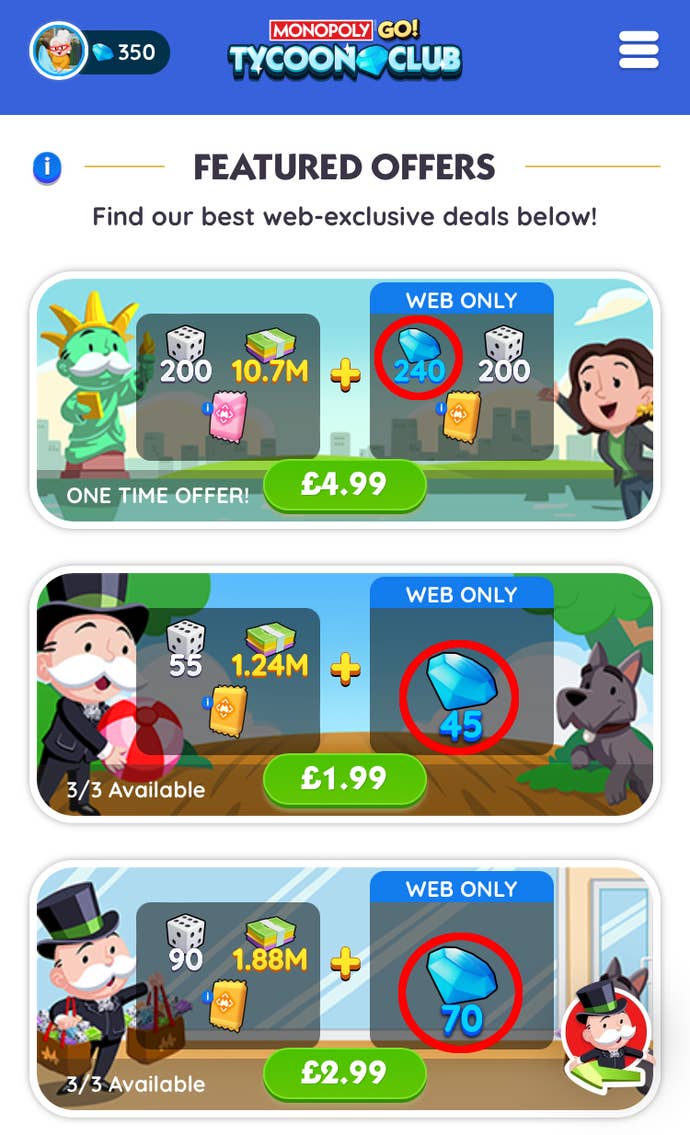 Purchases players can make in the Monopoly Go Tycoon Club shop, with the amount of loyalty points for each item highlighted.