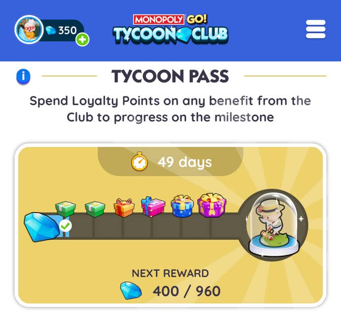 The Monopoly Go Tycoon Club website showing the rewards on offer in the Tycoon Pass.