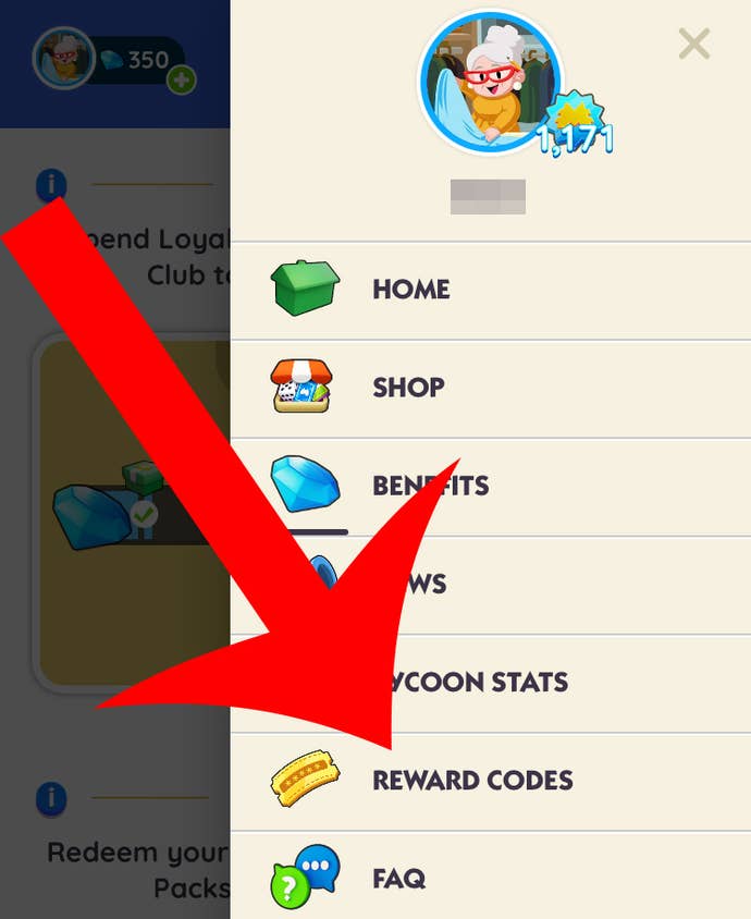 The Reward Codes button on the Monopoly Go Tycoon Club website.