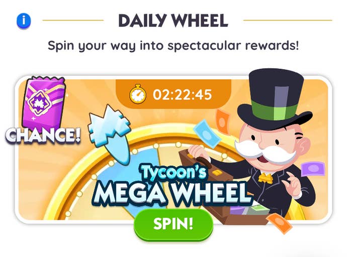 The Monopoly Go Tycoon Club website, and the button players need to press to claim their free daily wheel spin.