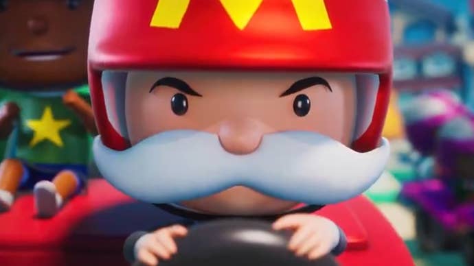 Monopoly Go Tycoon Racers promotional picture, showing the Monopoly mascot wearing a racing helmet.