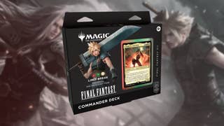A Magic the Gathering Commander box set over the top of a slightly blurred, greyed out image of Cloud and Sephiroth fighting.