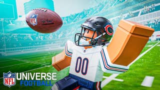 Artwork for the Roblox game NFL Universe Football, showing a Robloxified American football character trying to catch a ball.